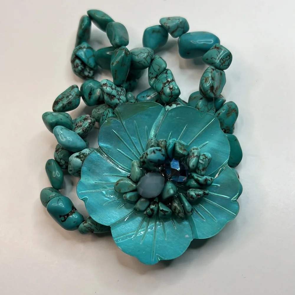 Hand Beaded Turquoise 3-Strand Floral Bracelet